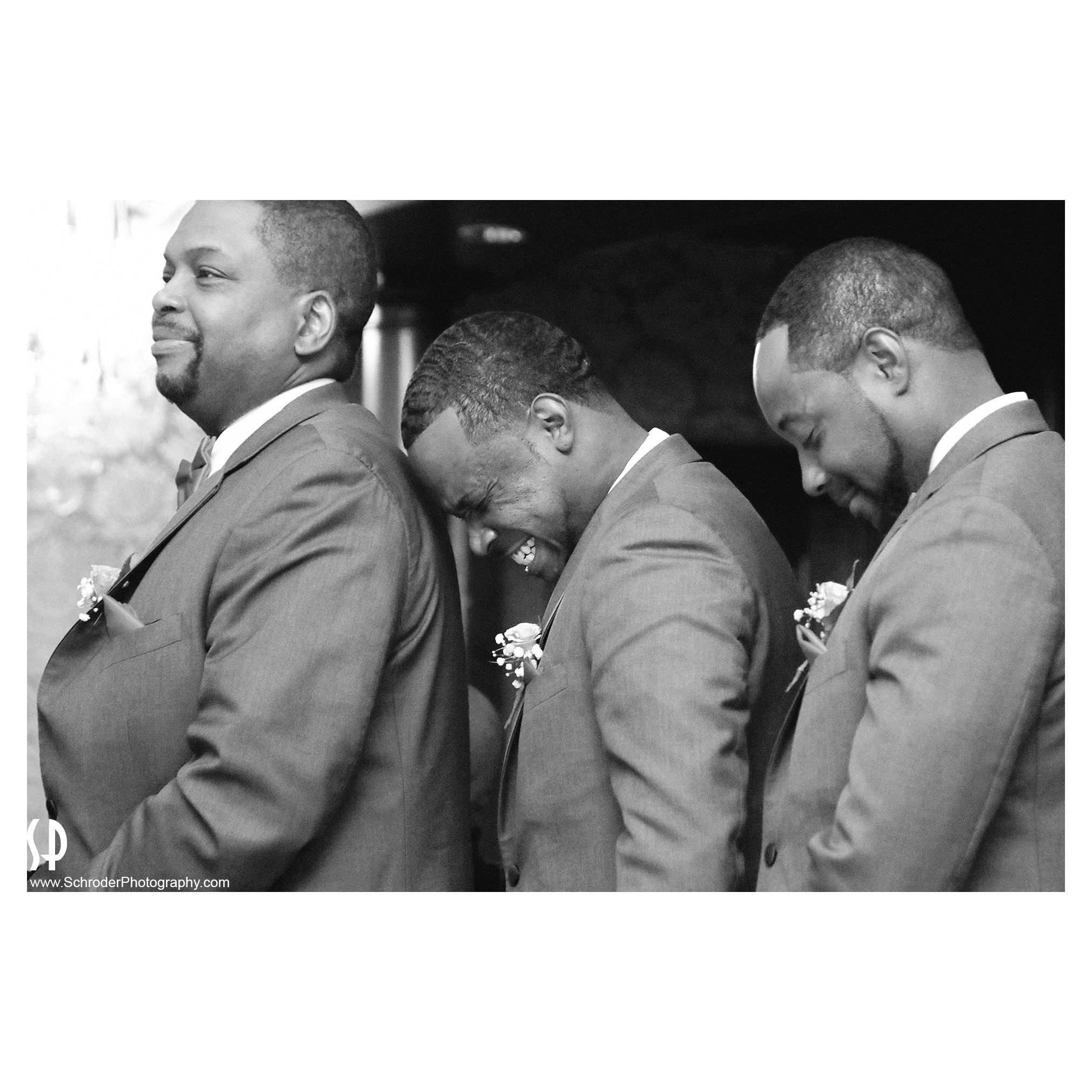 A groomsman cracks up during the ceremony. A Photographer should not have tunnel vision and focus only on 1 or 2 people if they do they will miss whats going on around them. 